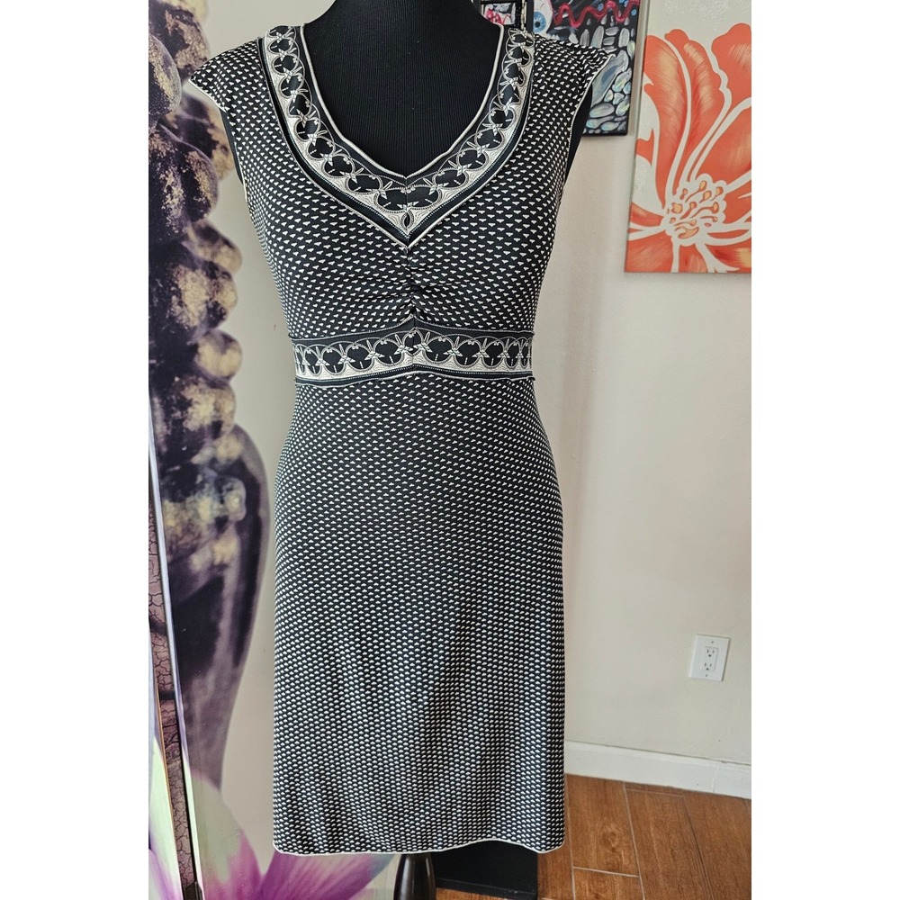 Max Studio Womens Black White Geometric V-Neck Cap Sleeve A-Line Dress Size M